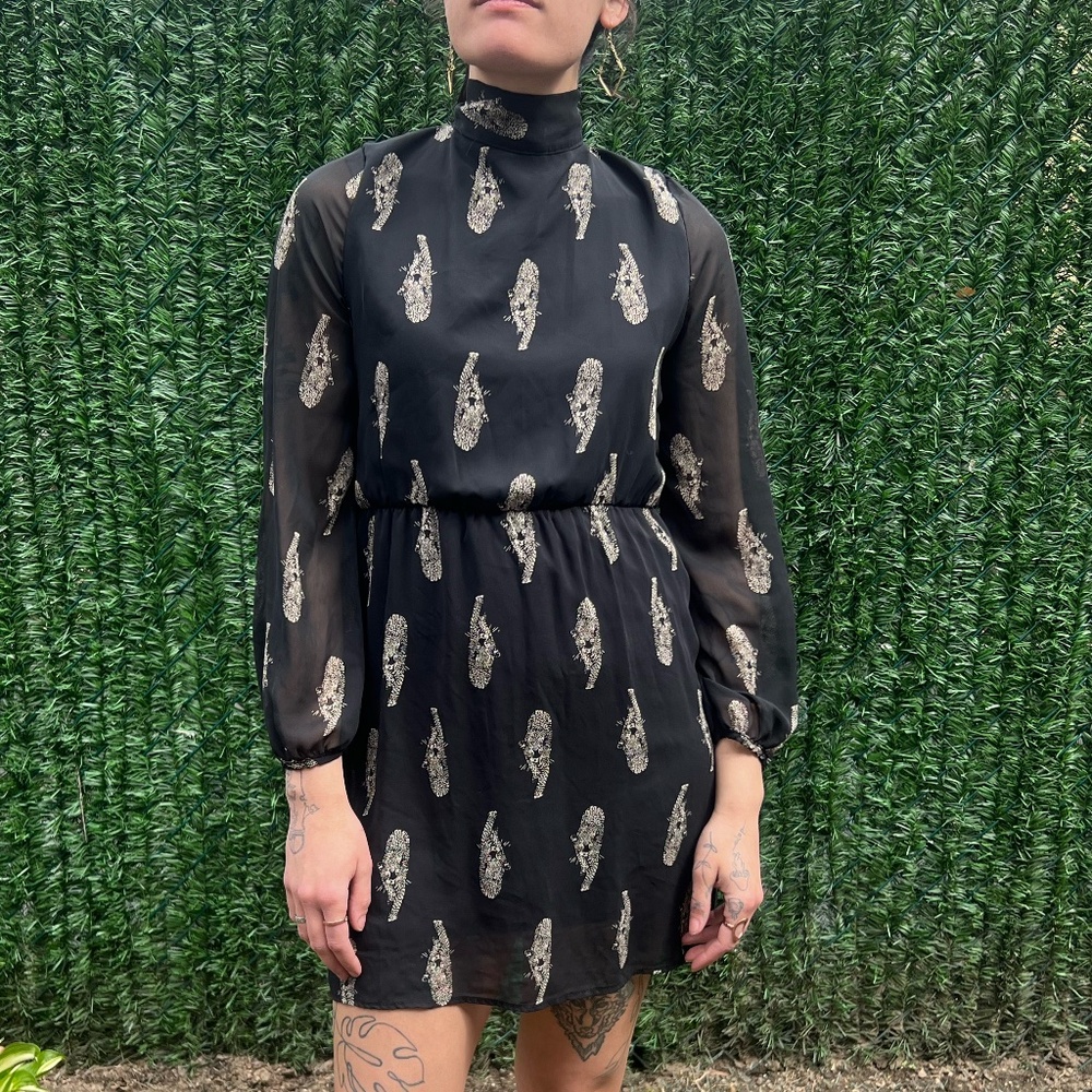 My Beloved... Black long-sleeved dress with high collar, panther print